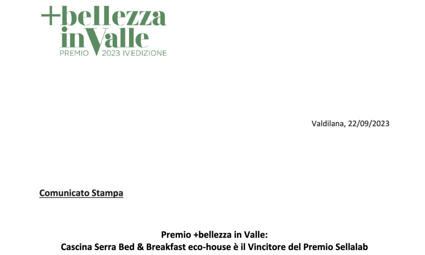 Premio +bellezza in Valle: Cascina Serra Bed & Breakfast eco-house è il Vincitore del Premio Sellalab | Premio +bellezza in Valle