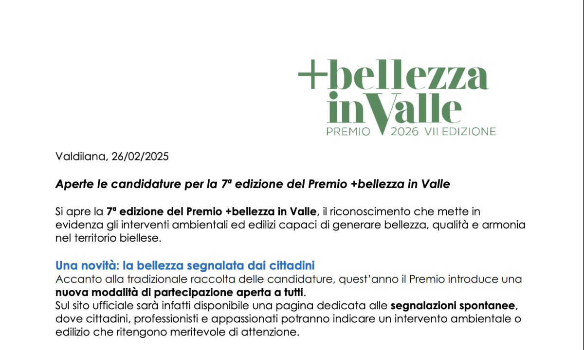 Apertura candidature per la VII edizione del Premio +bellezza in Valle | Premio +bellezza in Valle
