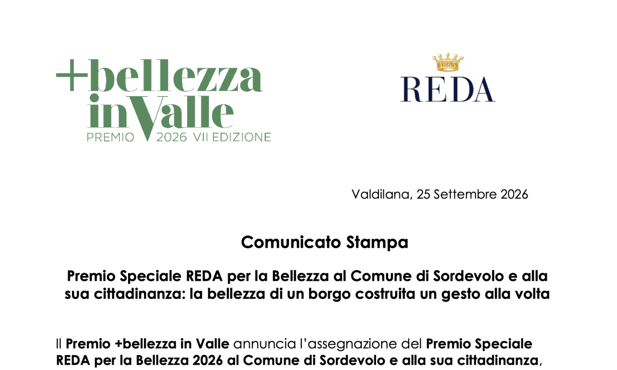 Vincitore Premio Reda 2026 - Comunicato Stampa | Premio +bellezza in Valle